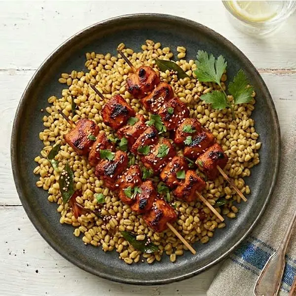 Tandoori Chicken Skewers With Tempered Barley Mix